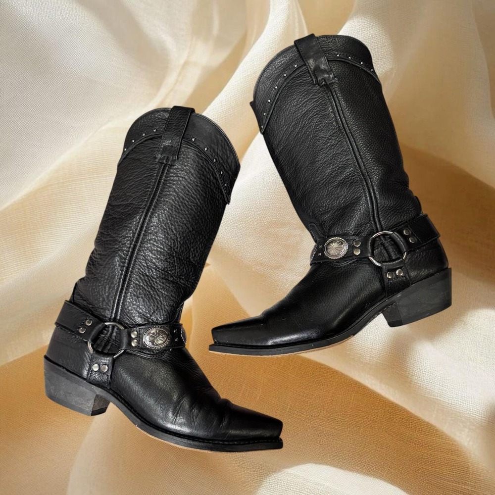 Laredo Black Leather Harness Western Boots Womens 7.5 Pointed Toe Cowboy Biker